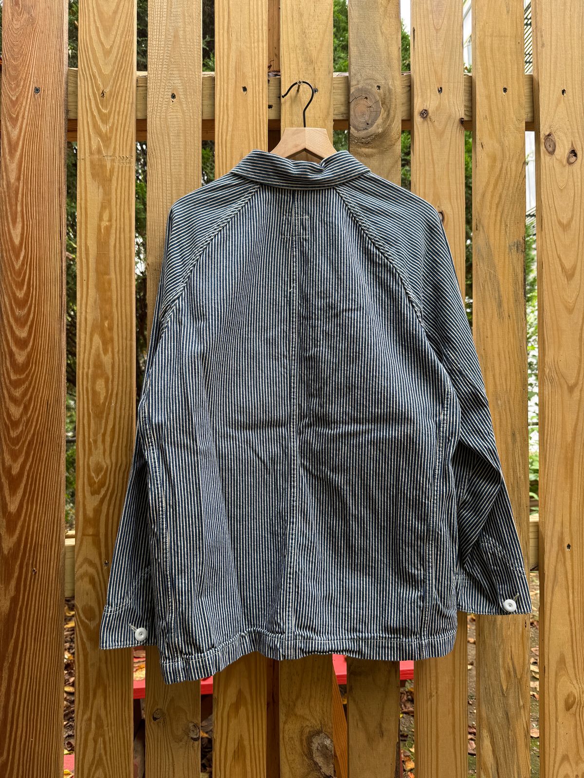 Photo by tlmader on September 27, 2025 of the Blackhore Lane Ateliers E11 Raglan Chore Jacket in 11oz Kaihara Hickory Stripe 2x1 Twill.