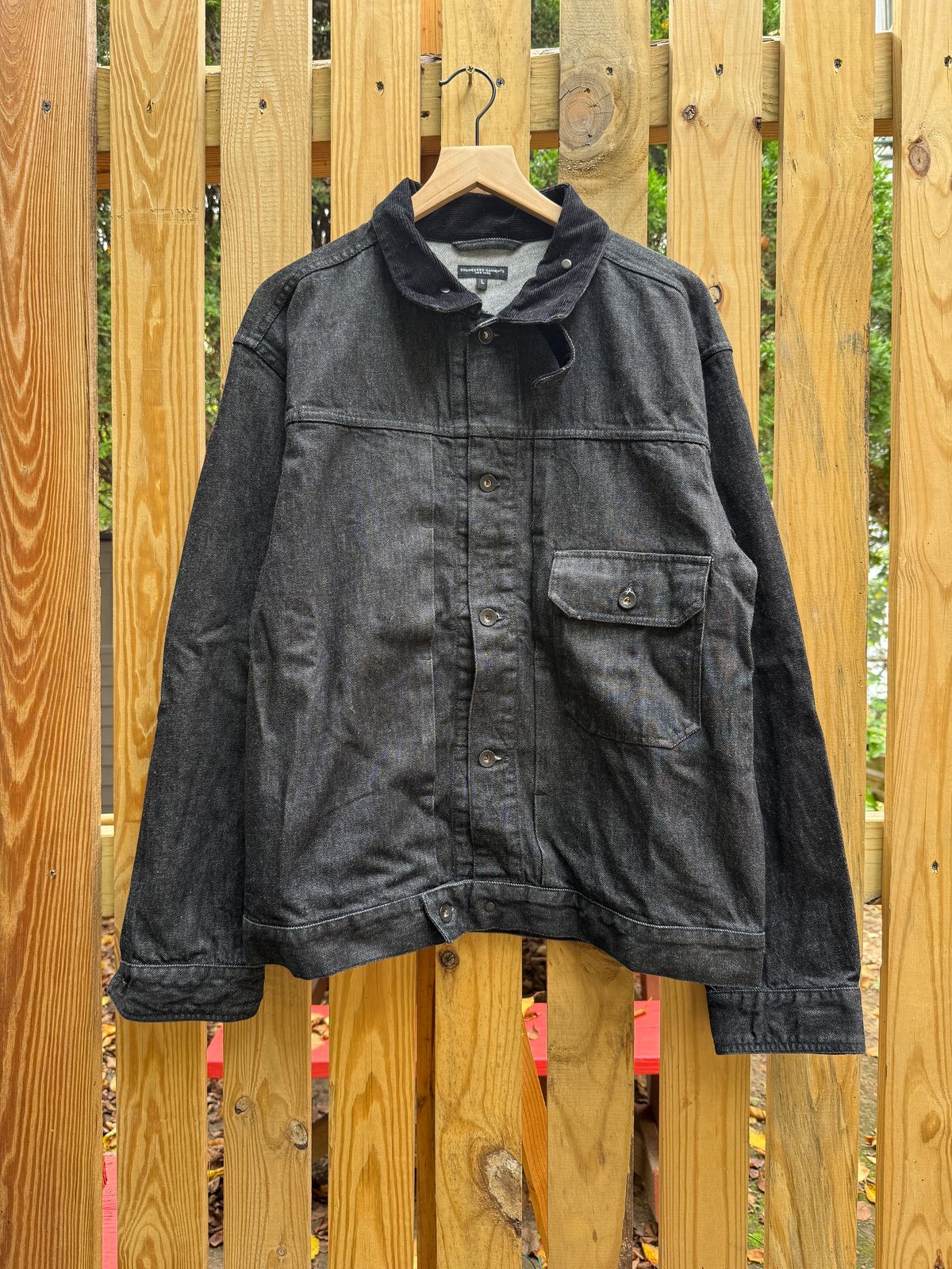 Photo by tlmader on September 27, 2025 of the Engineered Garments Trucker Jacket in Black 12 oz Cone Denim.