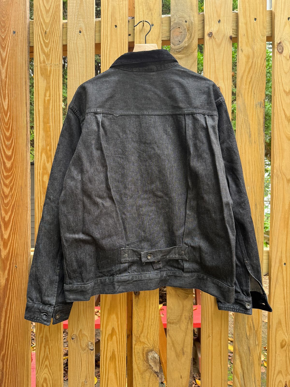 Photo by tlmader on September 27, 2025 of the Engineered Garments Trucker Jacket in Black 12 oz Cone Denim.