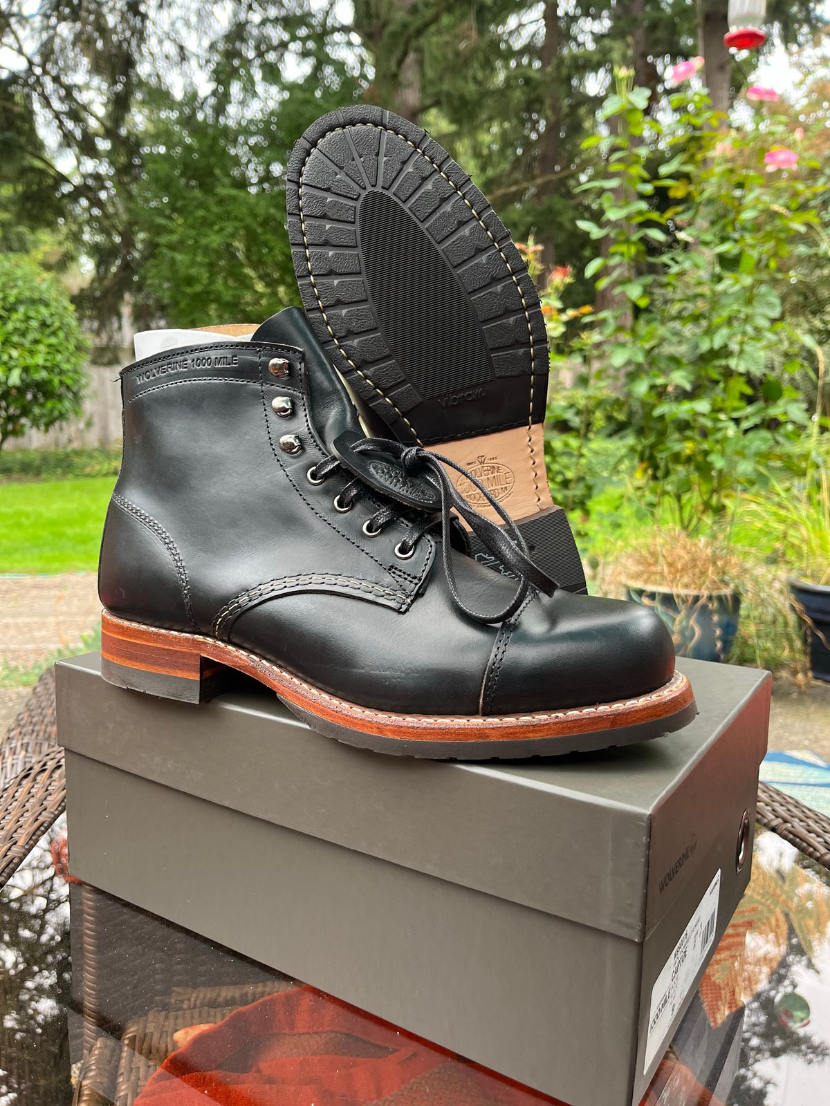 Photo by jenr.l.good on September 22, 2022 of the Wolverine 1000 Mile Cap-Toe Boot in Horween Black Chromexcel.