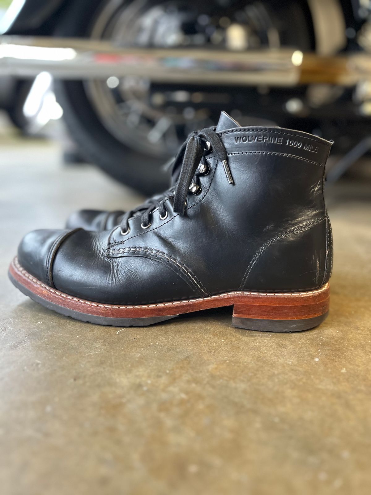 Photo by jenr.l.good on March 2, 2023 of the Wolverine 1000 Mile Cap-Toe Boot in Horween Black Chromexcel.