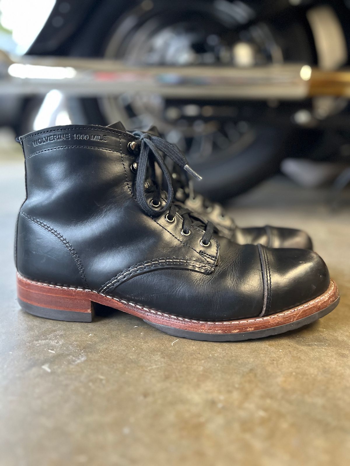 Photo by jenr.l.good on March 2, 2023 of the Wolverine 1000 Mile Cap-Toe Boot in Horween Black Chromexcel.