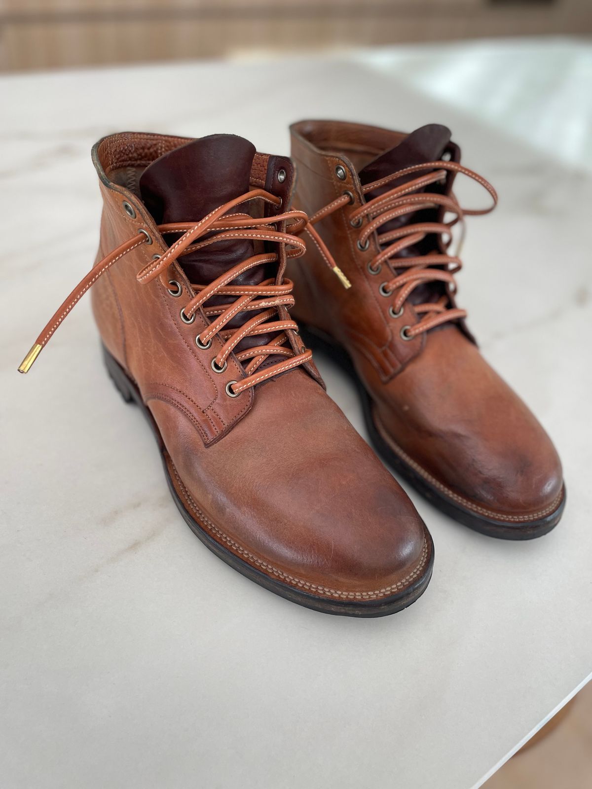Photo by timdigo on March 14, 2024 of the Viberg Service Boot in Shinki Cognac Shrunken Horsebutt.