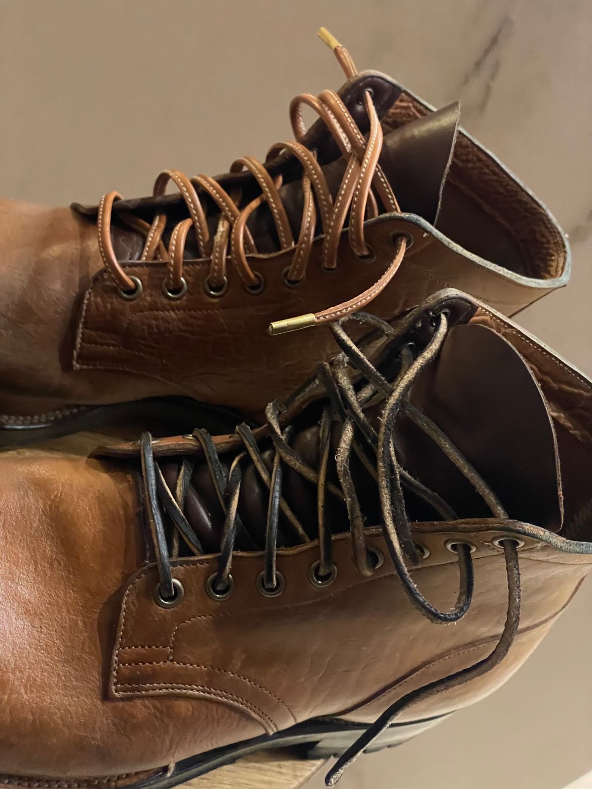 Photo by timdigo on March 14, 2024 of the Viberg Service Boot in Shinki Cognac Shrunken Horsebutt.