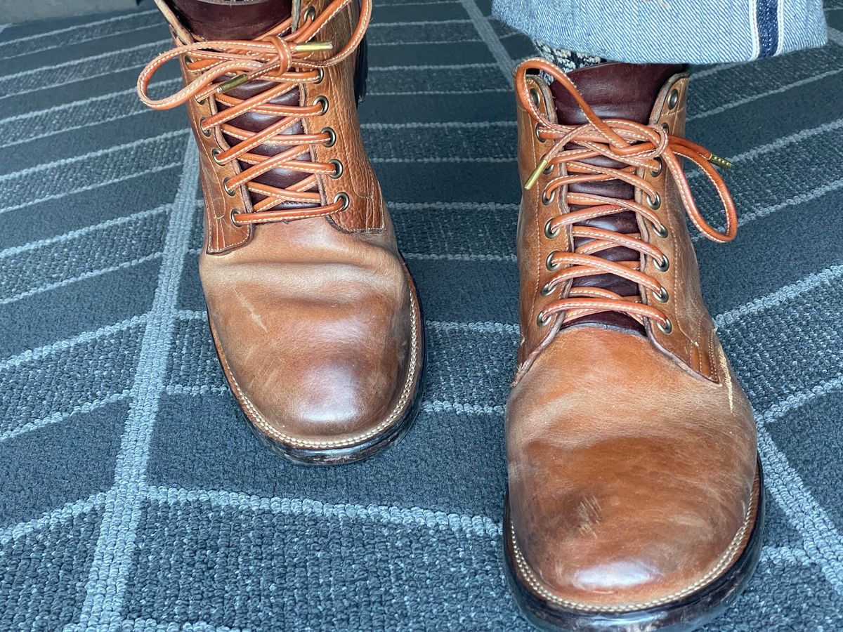 Photo by timdigo on March 21, 2024 of the Viberg Service Boot in Shinki Cognac Shrunken Horsebutt.