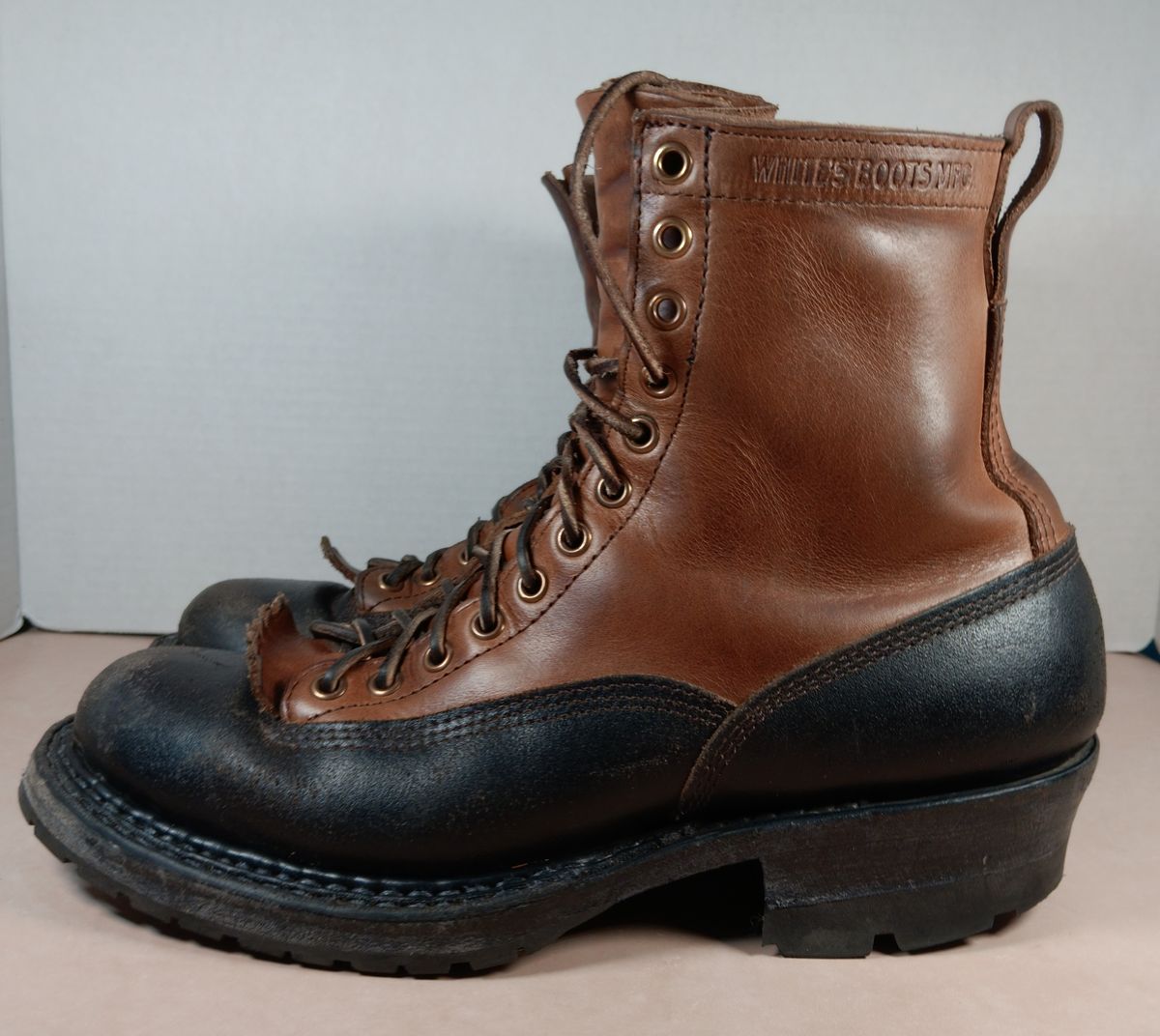 Photo by a1moyer on November 1, 2023 of the White's x Division Road LTT Logger 375 in Horween Black Waxed Flesh & Horween Natural Chromexcel.