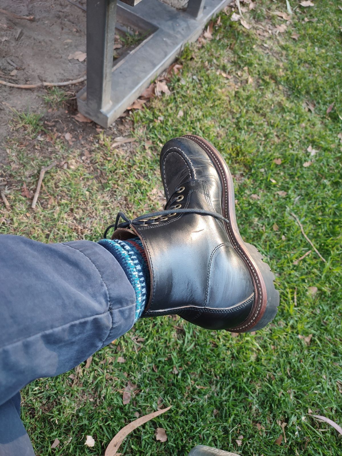 Photo by try89 on September 15, 2023 of the Grant Stone Brass Boot in Horween Black Chromexcel.