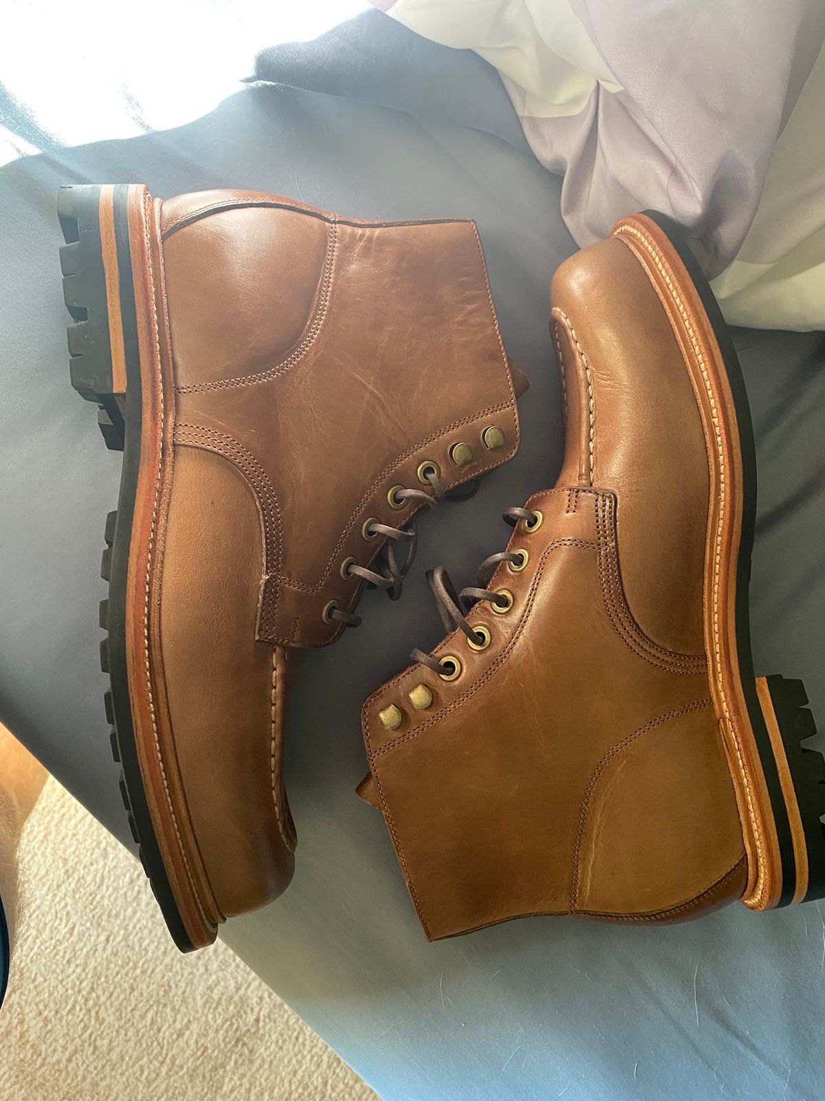 Photo by JCBoots on October 9, 2023 of the Grant Stone Brass Boot in Horween Natural Chromexcel.