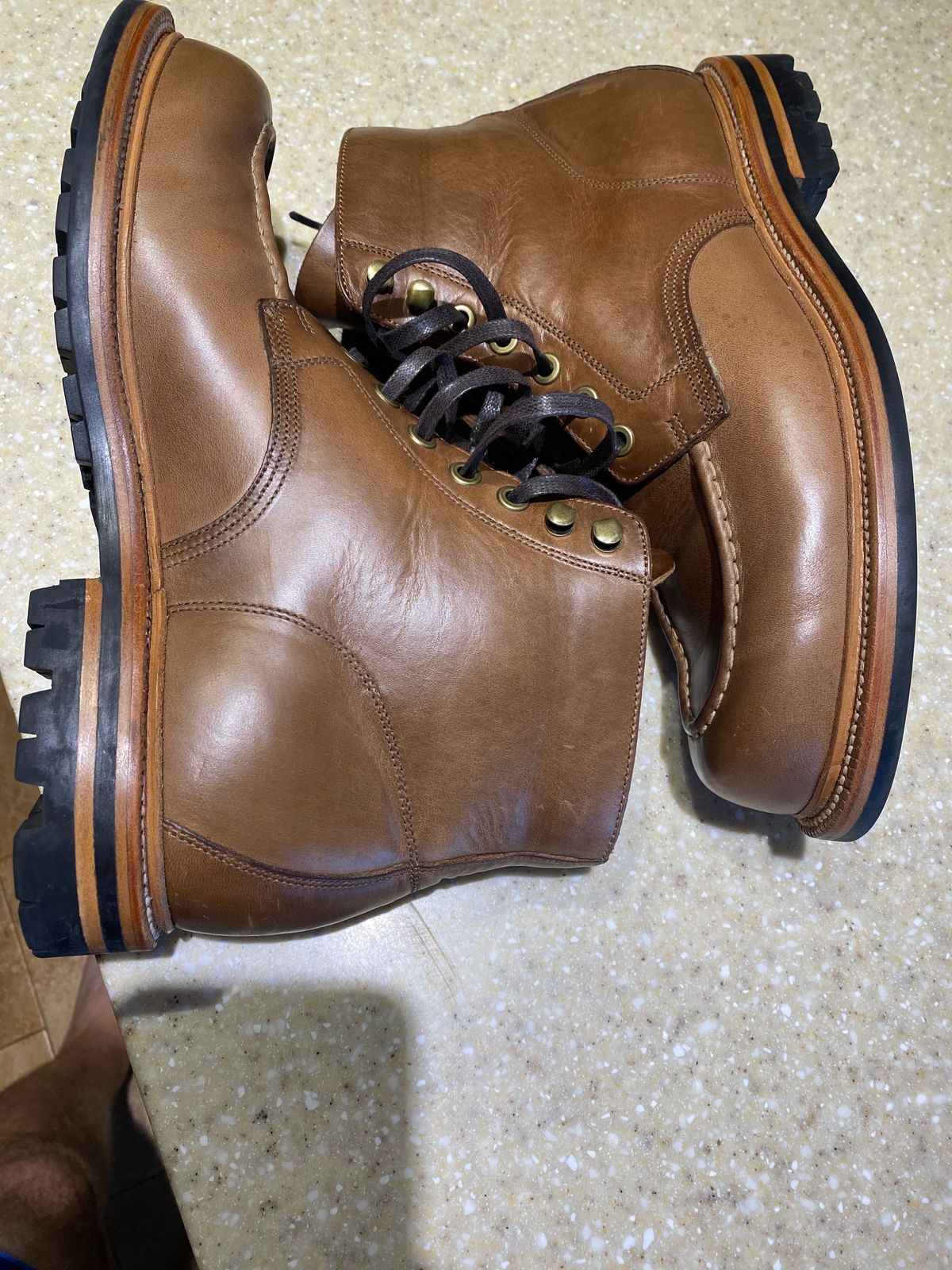 Photo by JCBoots on December 4, 2023 of the Grant Stone Brass Boot in Horween Natural Chromexcel.