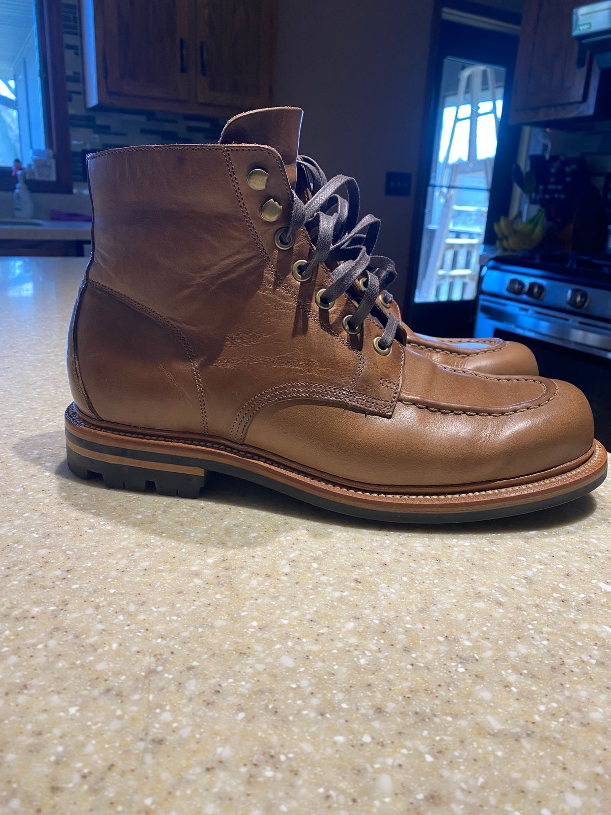 Photo by JCBoots on December 4, 2023 of the Grant Stone Brass Boot in Horween Natural Chromexcel.