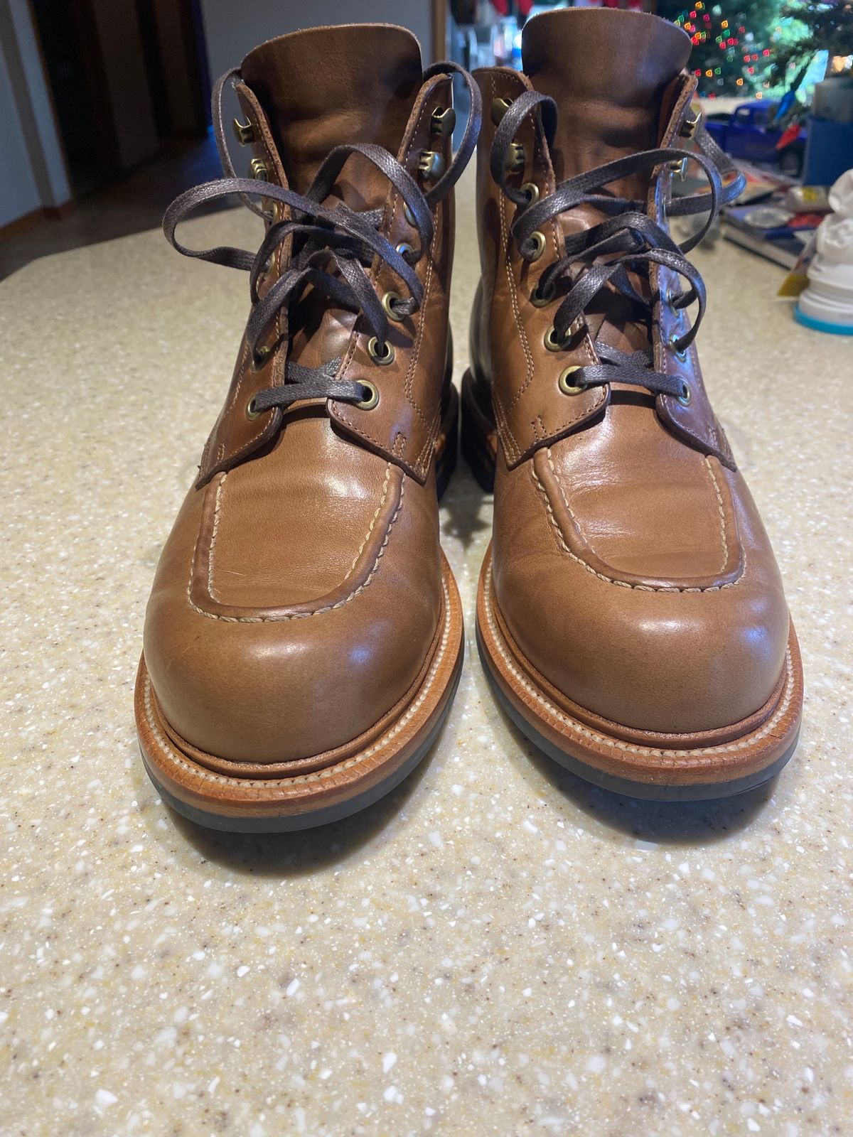 Photo by JCBoots on January 2, 2024 of the Grant Stone Brass Boot in Horween Natural Chromexcel.