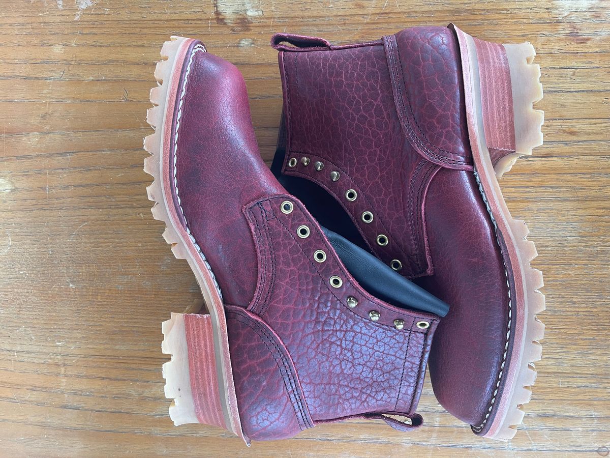 Photo by martining on October 1, 2024 of the Nicks MTO in Law Tanning Oxblood Smooth Shruken Bison.