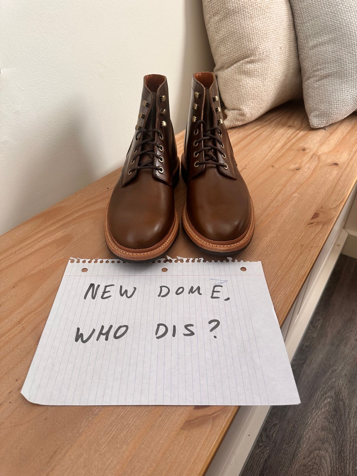 Photo by GeneParmPrivateEye on October 2, 2025 of the Grant Stone Diesel Boot in Horween Dark Olive Chromexcel.