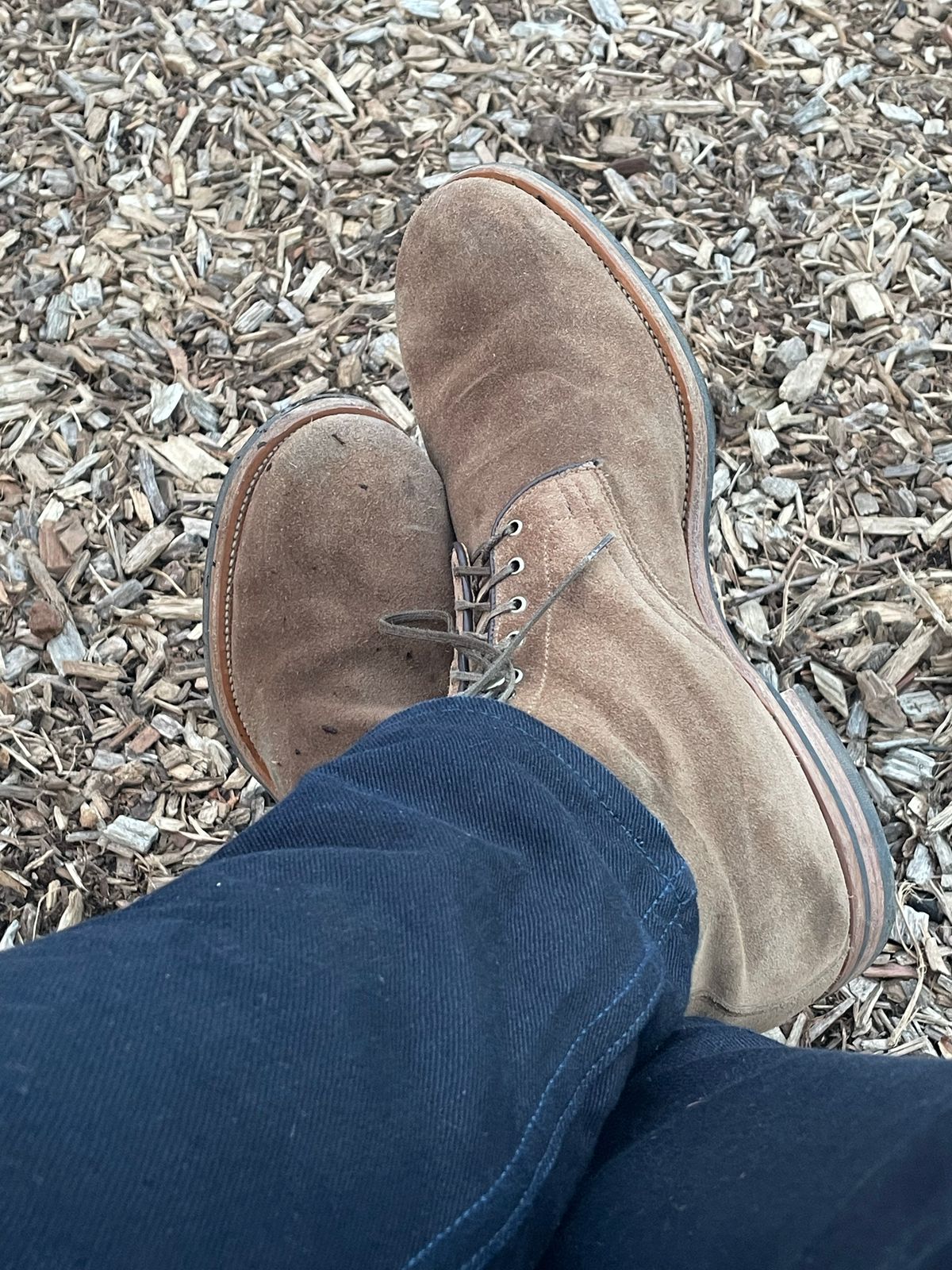 Photo by GeneParmPrivateEye on March 5, 2022 of the Viberg Halkett in C.F. Stead Snuff Bison Calf Suede.