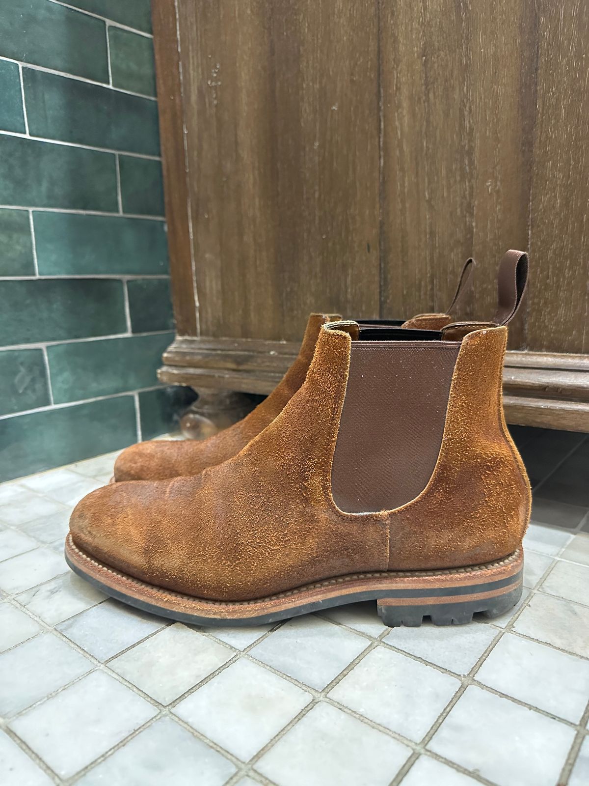 Photo by rbayon on January 6, 2024 of the Grant Stone Chelsea Boot in C.F. Stead Dark Oak Roughout.