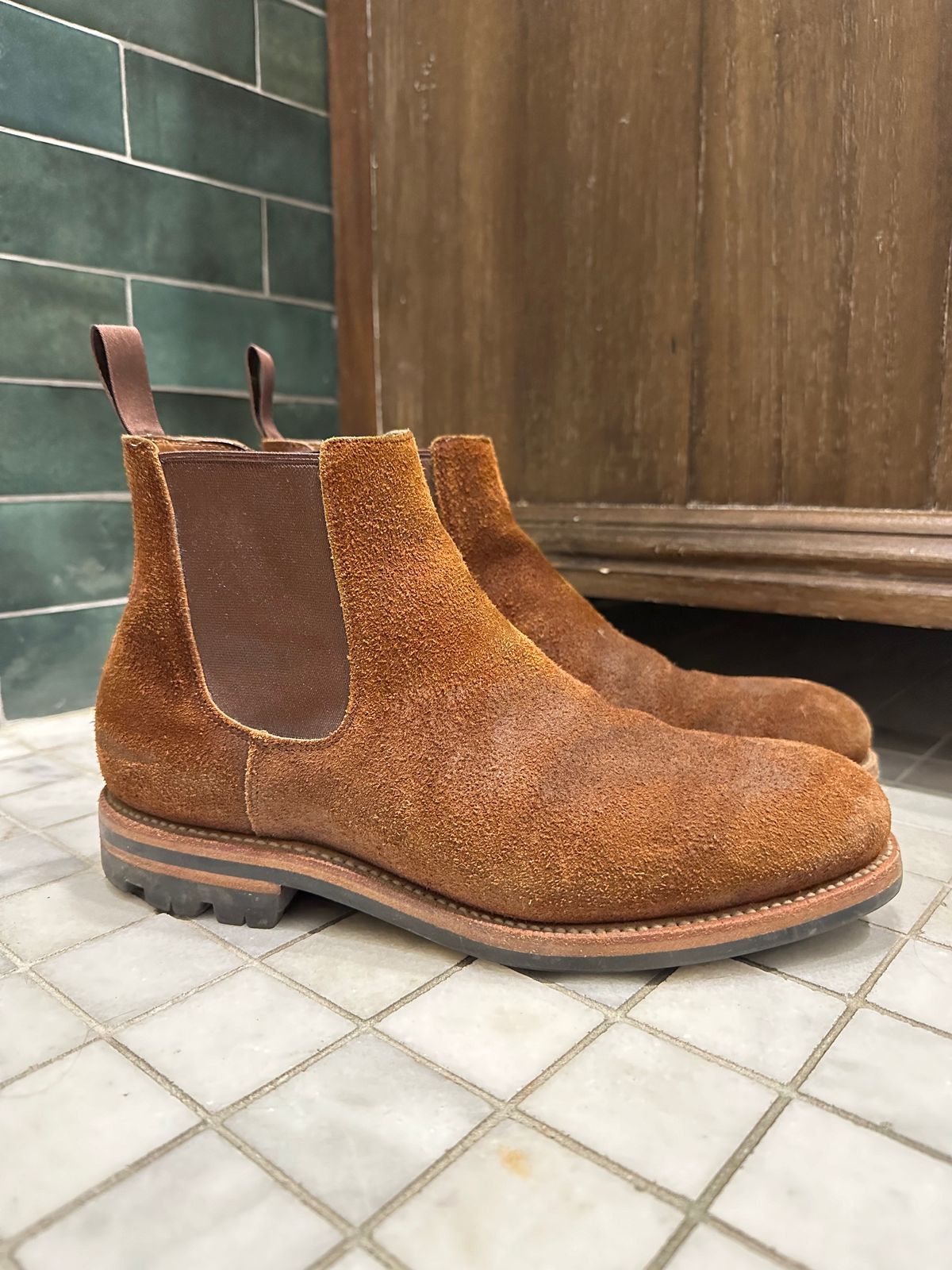 Photo by rbayon on January 6, 2024 of the Grant Stone Chelsea Boot in C.F. Stead Dark Oak Roughout.