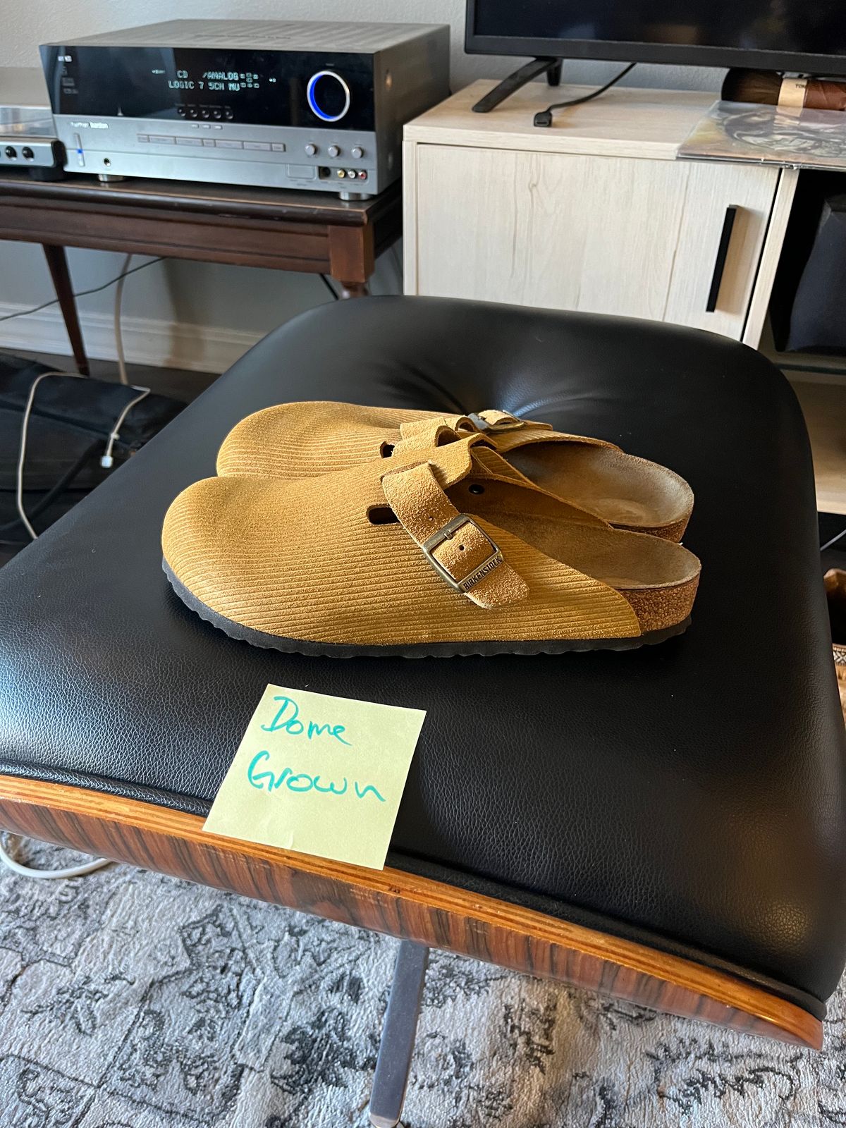 Photo by WaxDaddy on November 3, 2023 of the Birkenstock Boston in Cork Brown Embossed Suede.