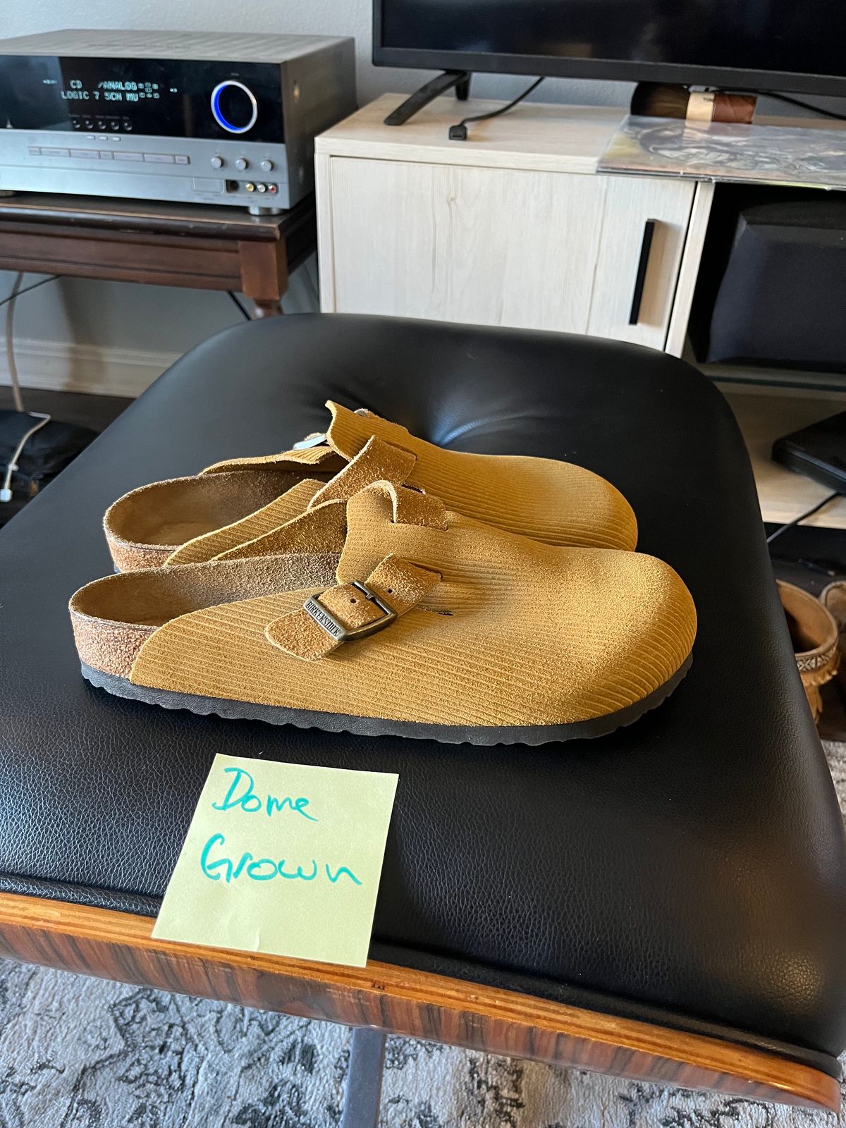 Photo by WaxDaddy on November 3, 2023 of the Birkenstock Boston in Cork Brown Embossed Suede.