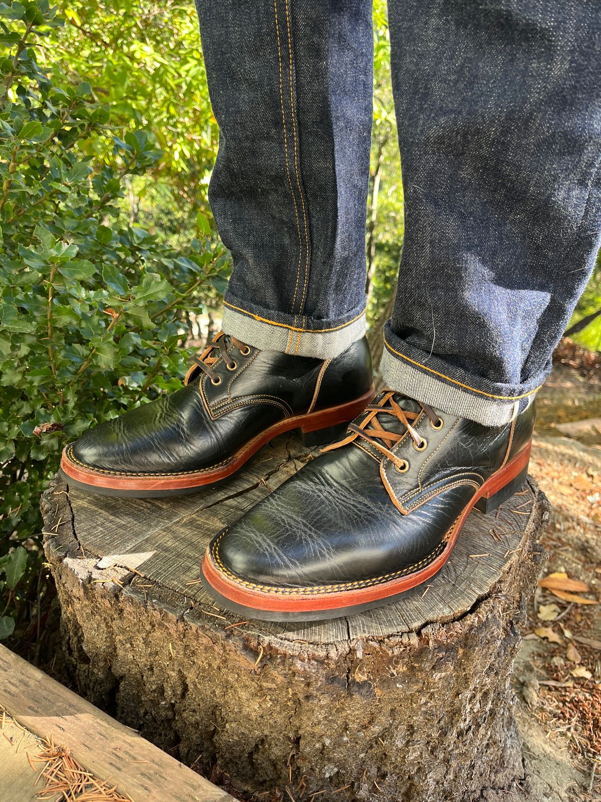 Photo by bootsnpoems on November 1, 2023 of the Jakkrabbits Field Boots in Shinki Black Teacore Horsebutt.