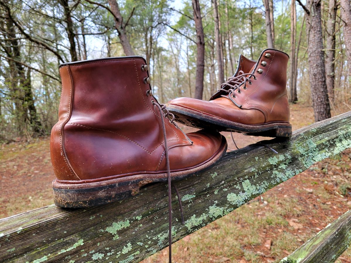 Photo by manowar on January 6, 2023 of the Allen Edmonds Higgins Mill in Horween Marbled Garnet Shell Cordovan.