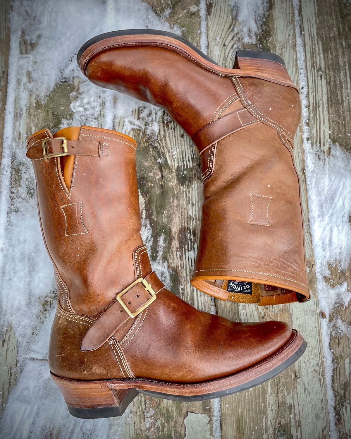 Photo by scotts on November 1, 2023 of the Clinch Engineer Boots 11-Inch Height in Natural Horsebutt.