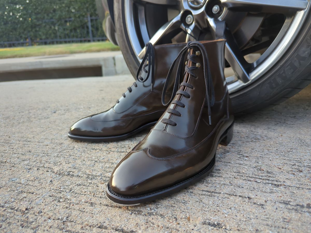Photo by Ali_LegacyBootworks on October 21, 2023 of the Tread Heavily Shoes Acclamator Austerity Brogue Boot in Horween Dark Cognac Shell Cordovan.