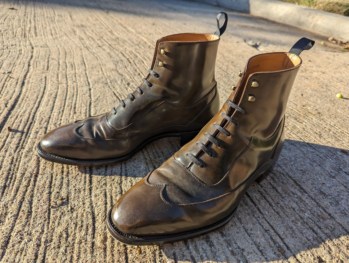 Photo by Ali_LegacyBootworks on November 9, 2023 of the Tread Heavily Shoes Acclamator Austerity Brogue Boot in Horween Dark Cognac Shell Cordovan.