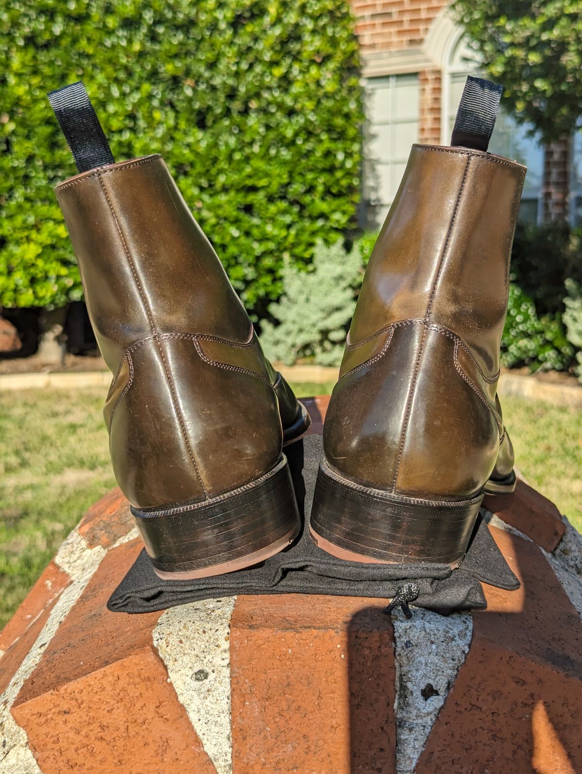 Photo by Ali_LegacyBootworks on November 9, 2023 of the Tread Heavily Shoes Acclamator Austerity Brogue Boot in Horween Dark Cognac Shell Cordovan.
