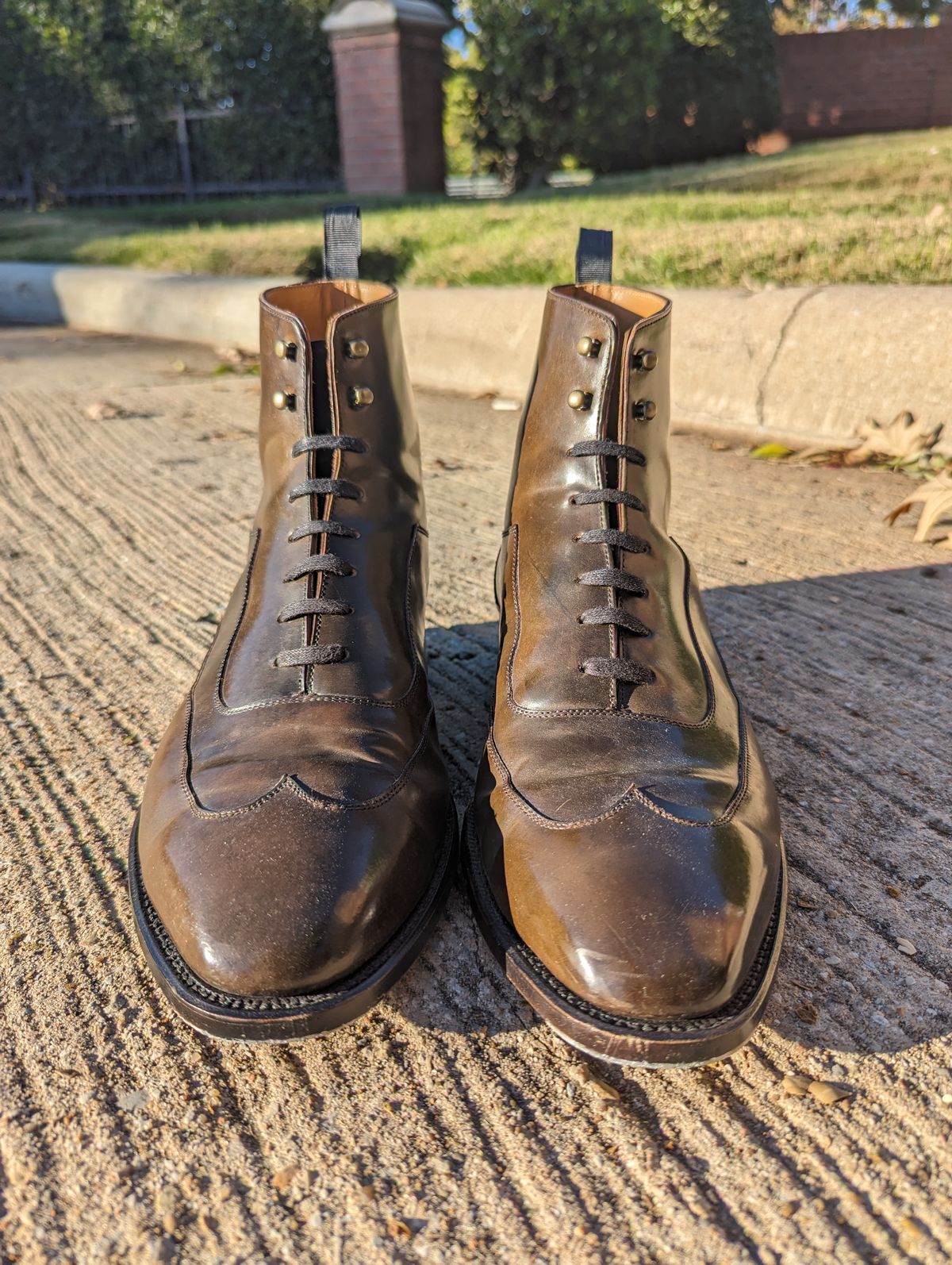 Photo by Ali_LegacyBootworks on November 9, 2023 of the Tread Heavily Shoes Acclamator Austerity Brogue Boot in Horween Dark Cognac Shell Cordovan.