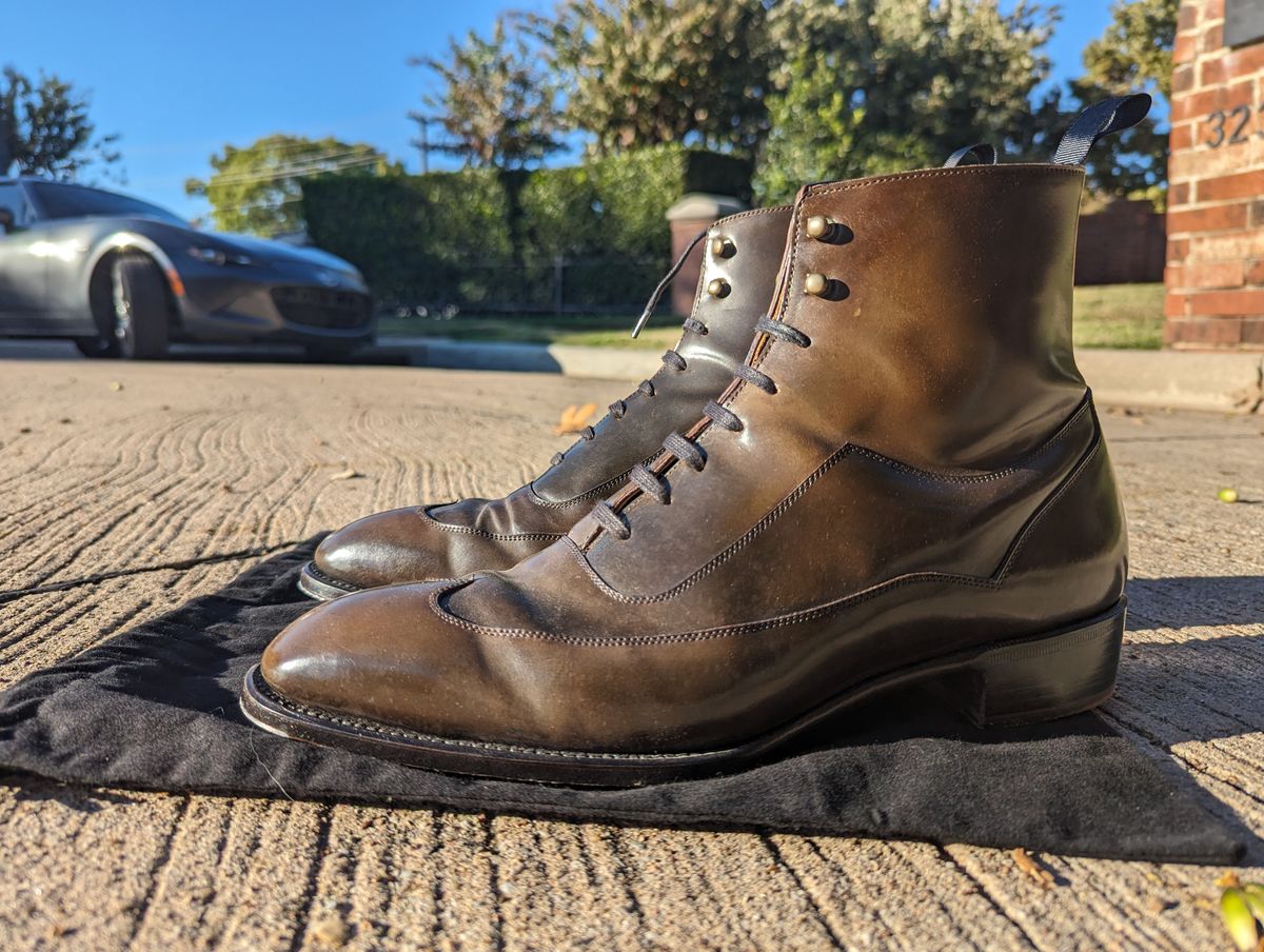 Photo by Ali_LegacyBootworks on November 9, 2023 of the Tread Heavily Shoes Acclamator Austerity Brogue Boot in Horween Dark Cognac Shell Cordovan.