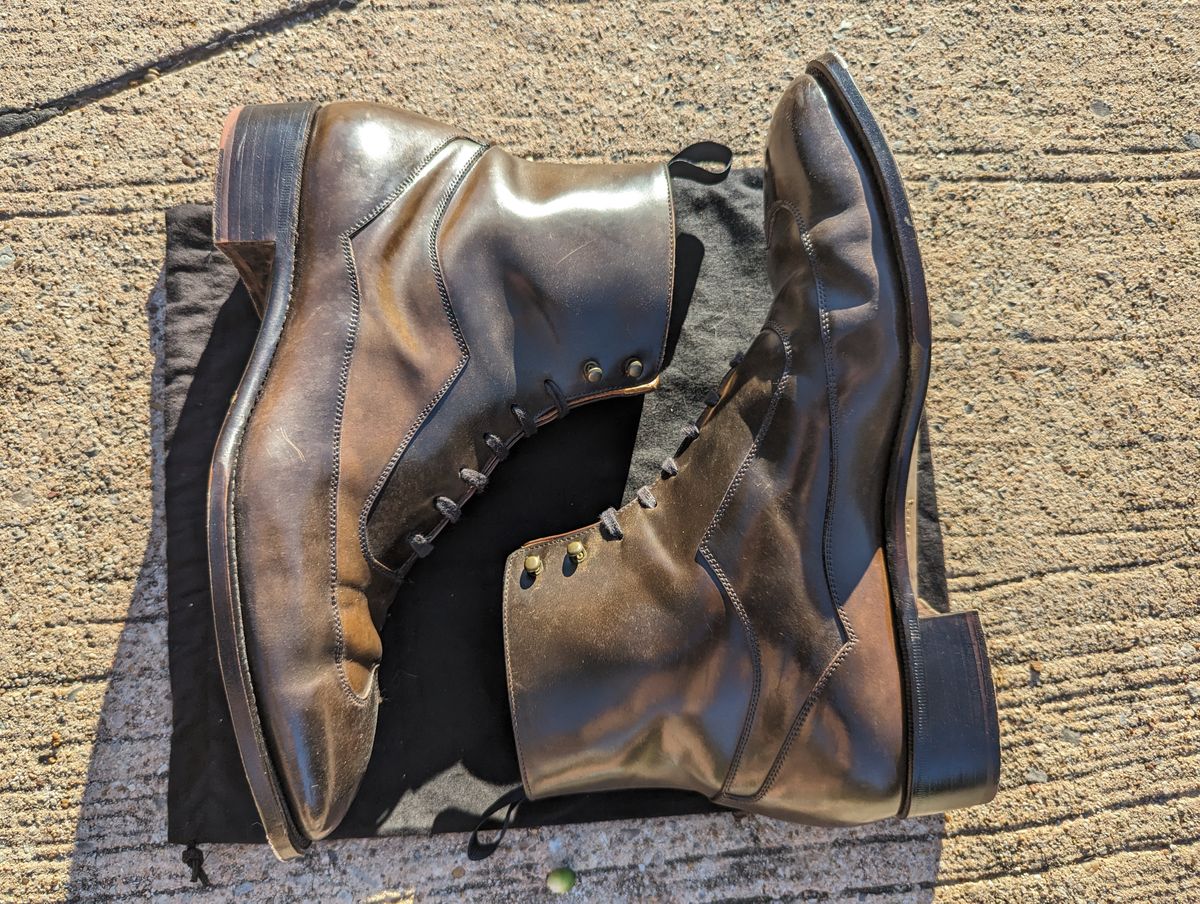 Photo by Ali_LegacyBootworks on November 9, 2023 of the Tread Heavily Shoes Acclamator Austerity Brogue Boot in Horween Dark Cognac Shell Cordovan.
