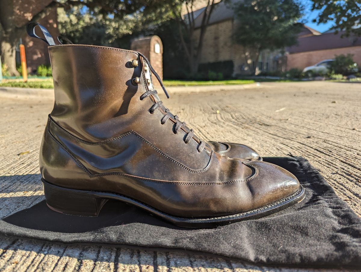 Photo by Ali_LegacyBootworks on November 9, 2023 of the Tread Heavily Shoes Acclamator Austerity Brogue Boot in Horween Dark Cognac Shell Cordovan.