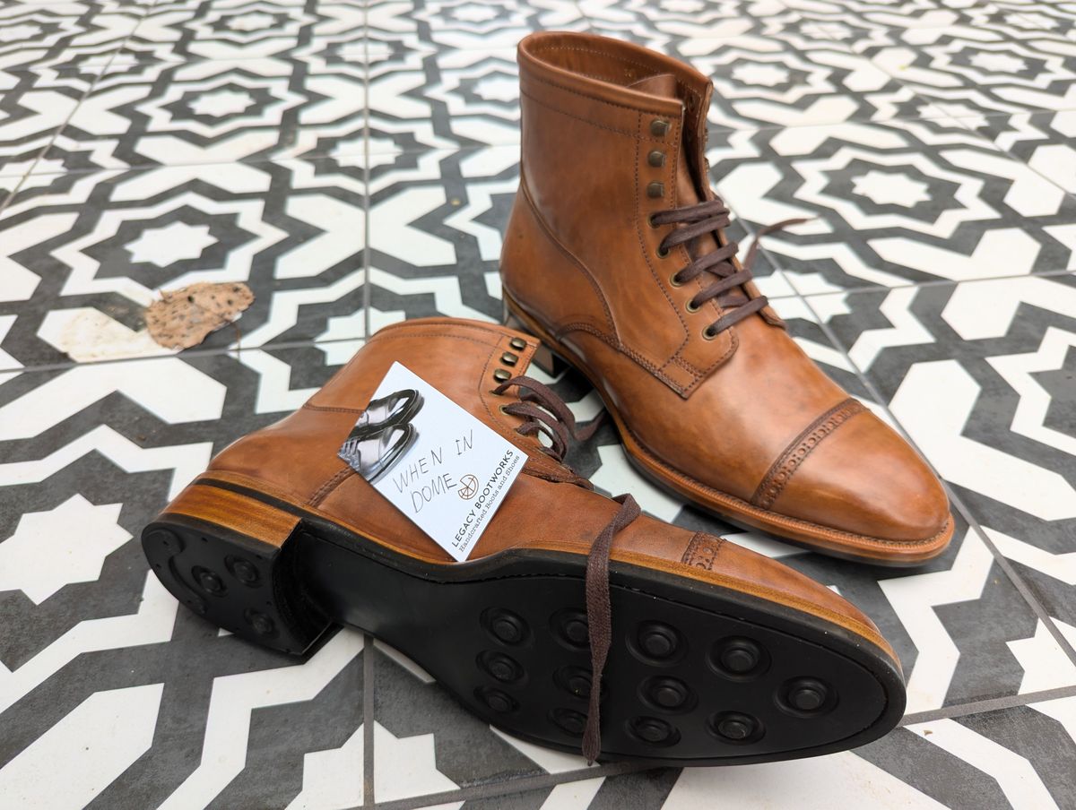 Photo by Ali_LegacyBootworks on November 1, 2024 of the Legacy bootworks Airborne boot in Horween Natural Horse Strip.