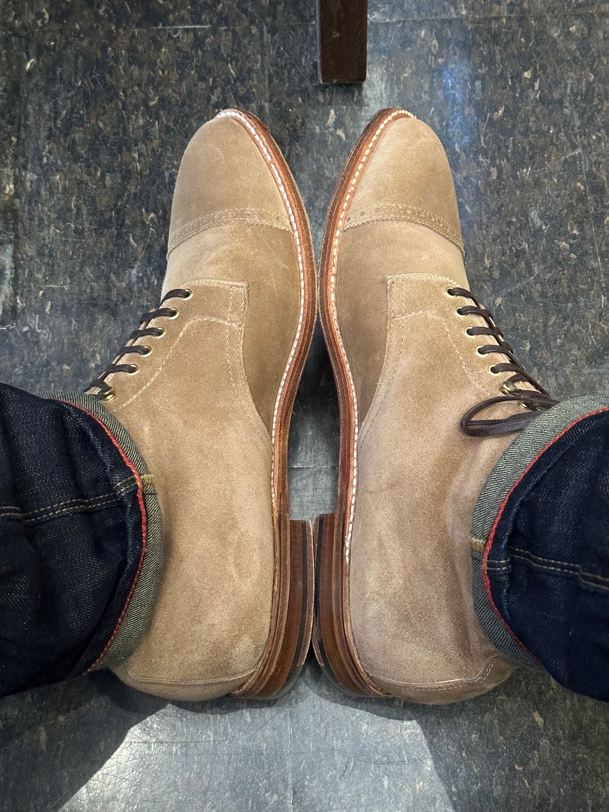 Photo by NoDadBod81 on October 8, 2023 of the Alden x Leffot Cooney Boot in Tan Suede.
