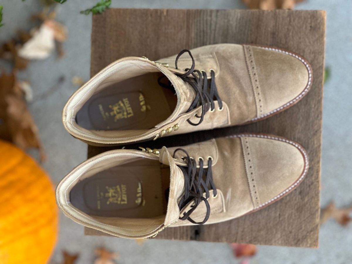 Photo by NoDadBod81 on November 5, 2023 of the Alden x Leffot Cooney Boot in Tan Suede.