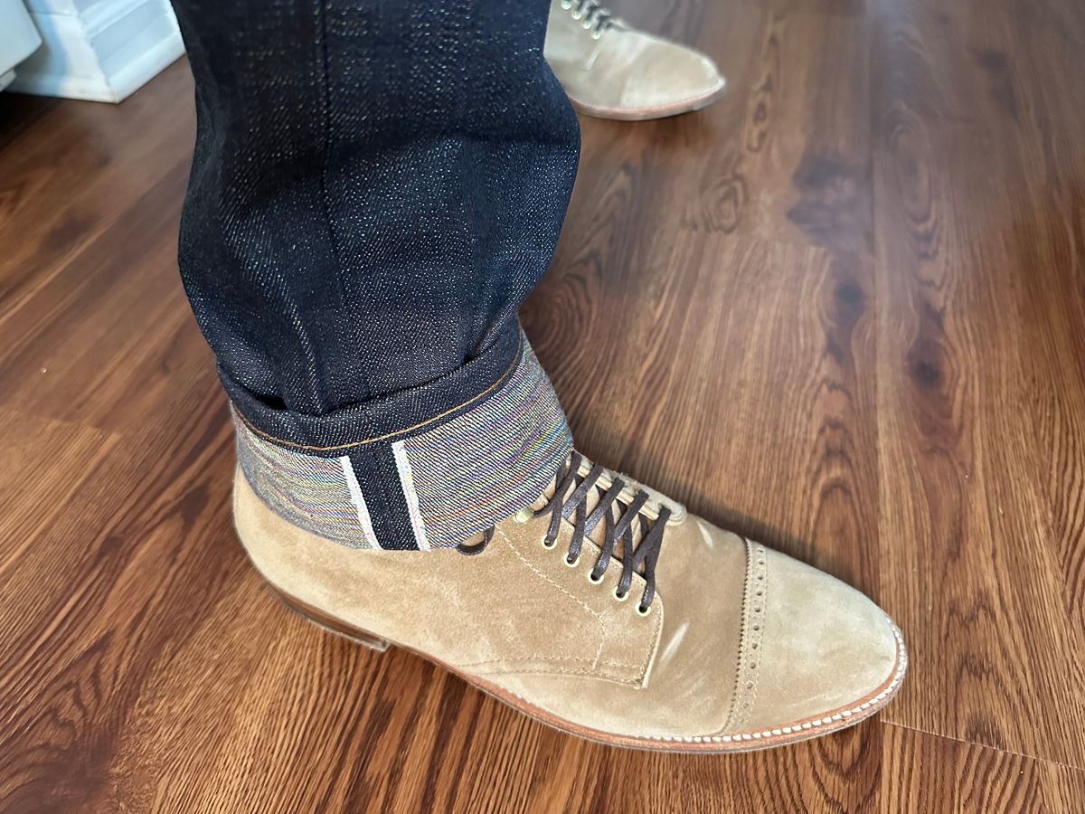 Photo by NoDadBod81 on December 17, 2023 of the Alden x Leffot Cooney Boot in Tan Suede.