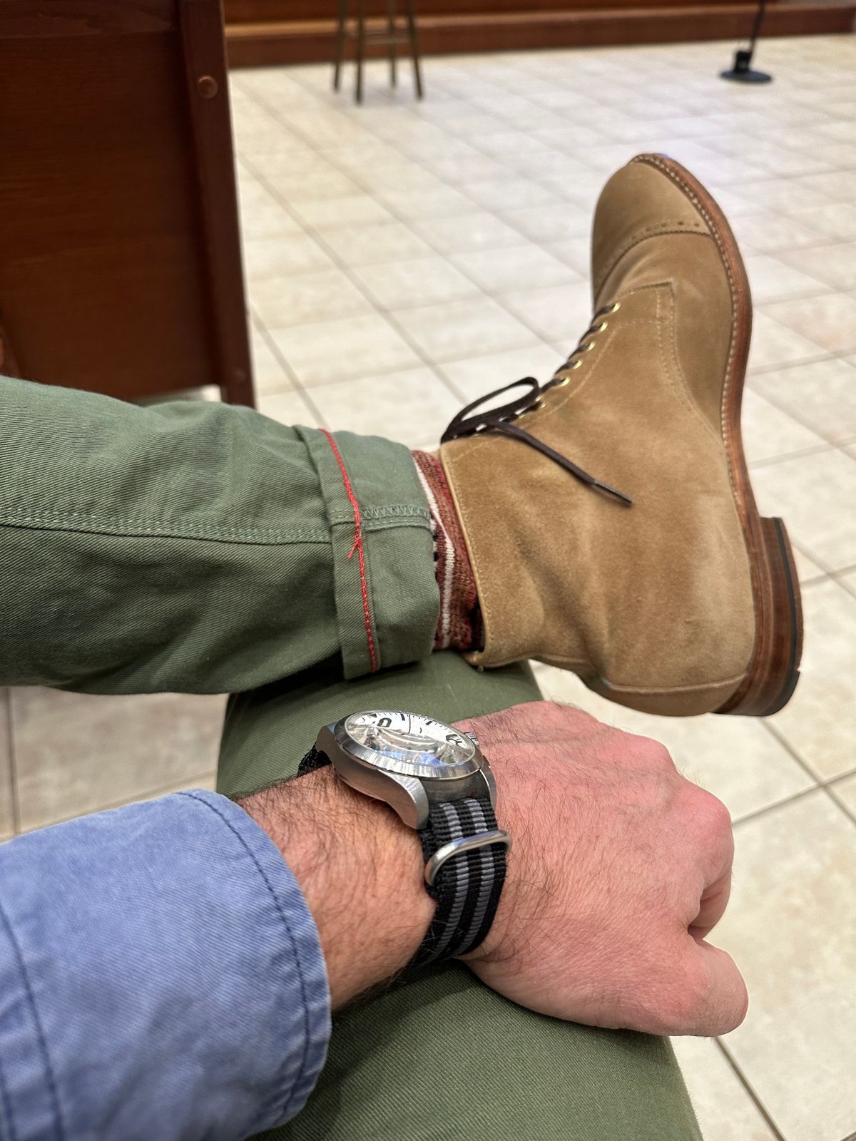 Photo by NoDadBod81 on December 17, 2023 of the Alden x Leffot Cooney Boot in Tan Suede.