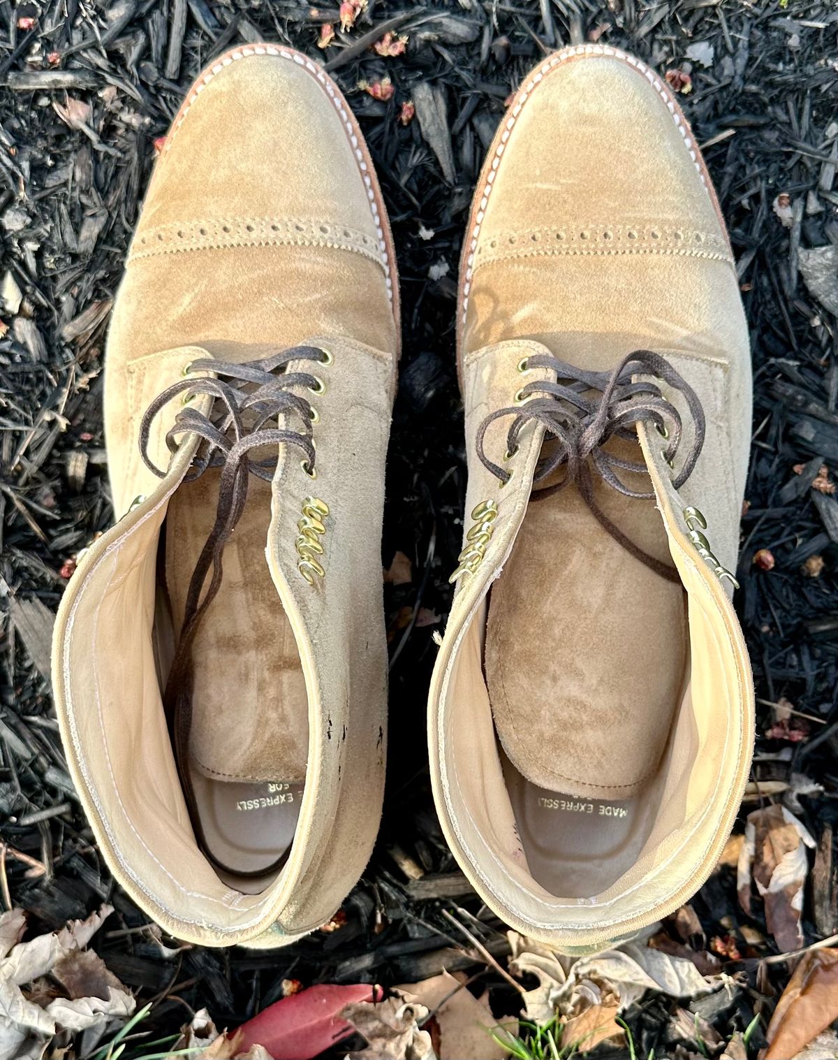 Photo by NoDadBod81 on March 5, 2024 of the Alden x Leffot Cooney Boot in Tan Suede.