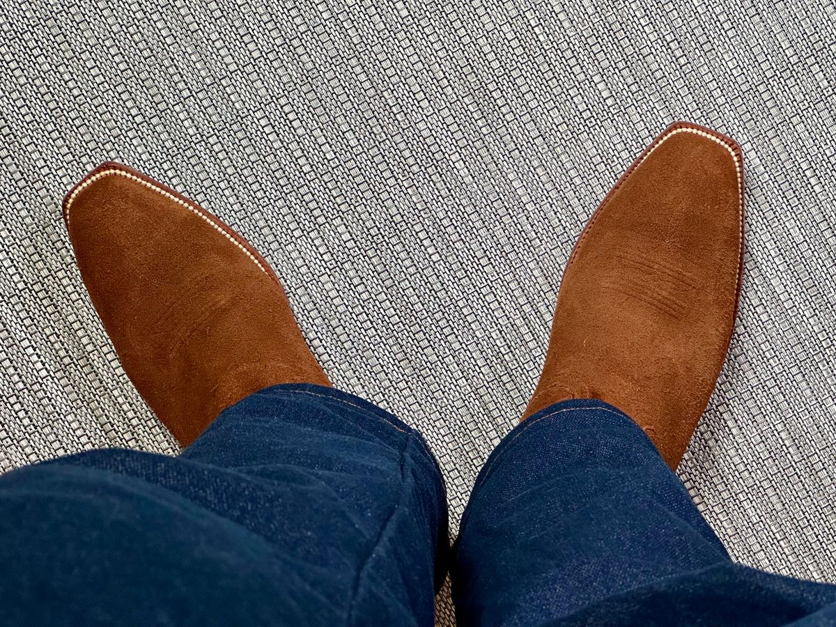 Photo by NoDadBod81 on July 10, 2024 of the Heritage Boot Co. Camel Ranch Hand French Toe in Calfskin Roughout.