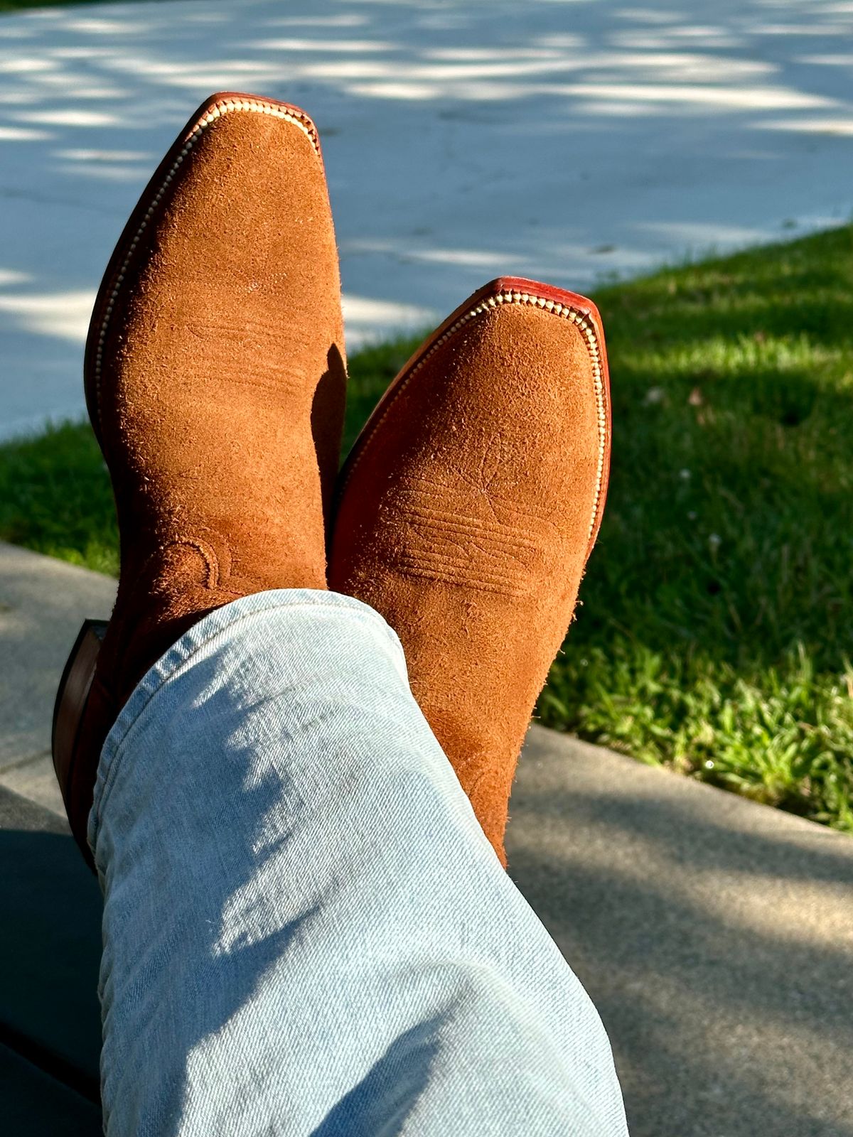 Photo by NoDadBod81 on July 19, 2024 of the Heritage Boot Co. Camel Ranch Hand French Toe in Calfskin Roughout.