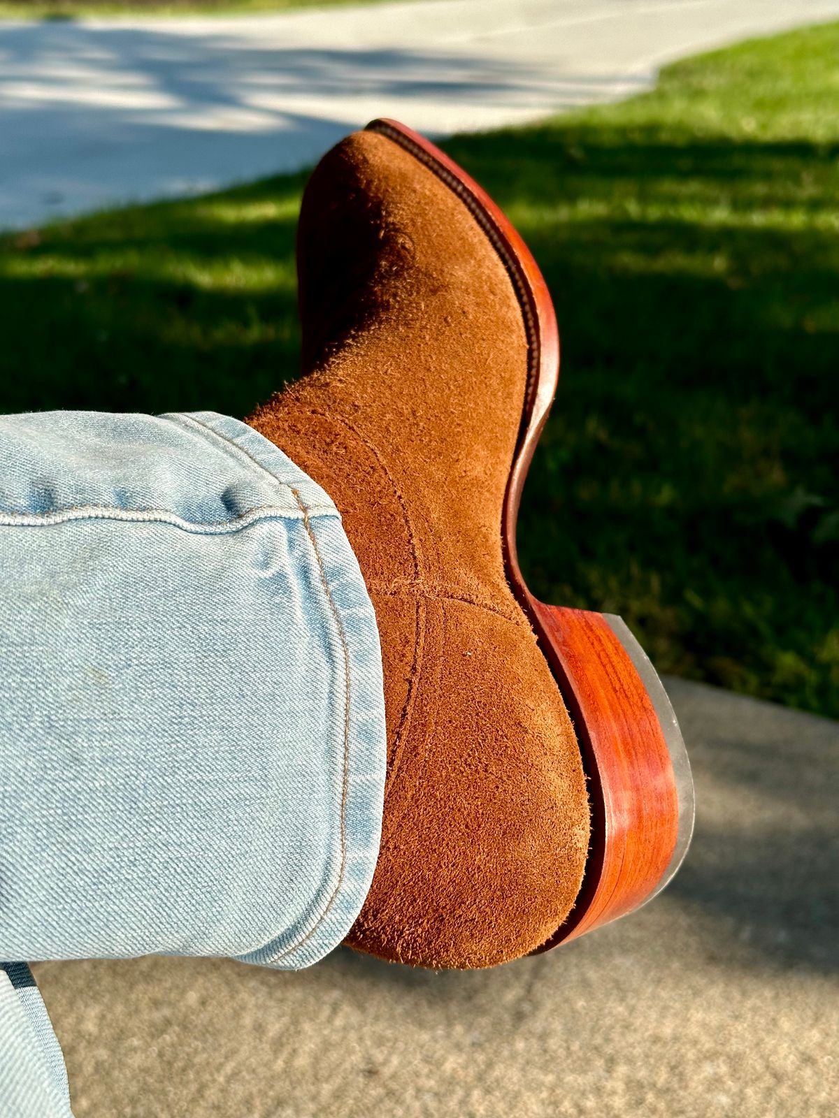 Photo by NoDadBod81 on July 19, 2024 of the Heritage Boot Co. Camel Ranch Hand French Toe in Calfskin Roughout.