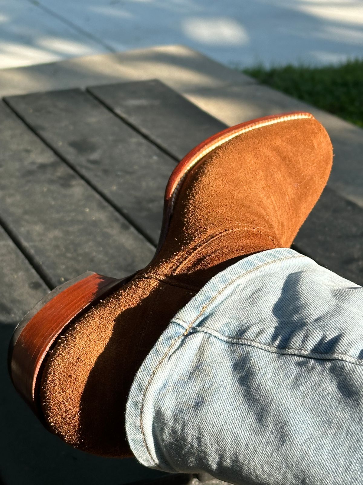 Photo by NoDadBod81 on July 19, 2024 of the Heritage Boot Co. Camel Ranch Hand French Toe in Calfskin Roughout.