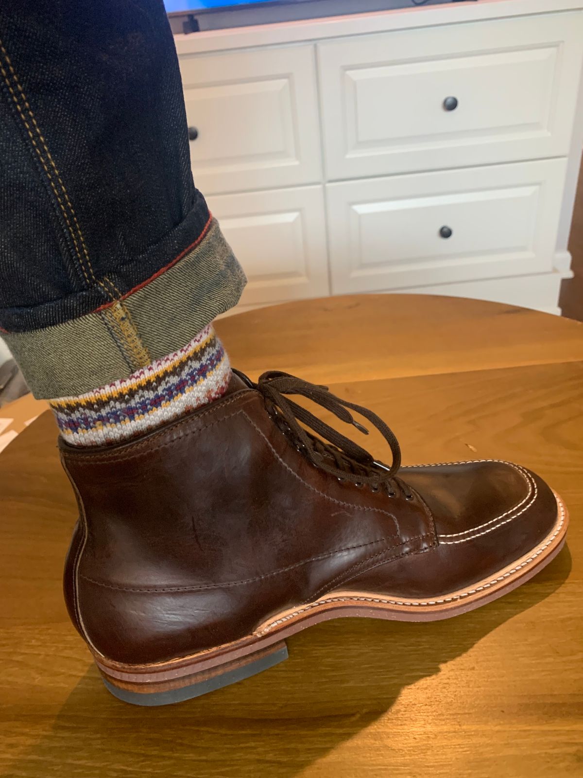 Photo by NoDadBod81 on March 24, 2023 of the Alden Indy Boot in Horween Brown Chromexcel.