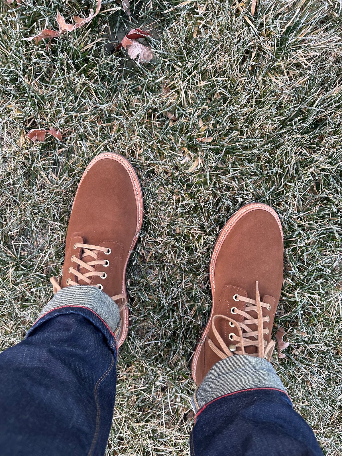 Photo by NoDadBod81 on November 30, 2023 of the Grant Stone Diesel Boot in C.F. Stead Bourbon Repello Calf Suede.