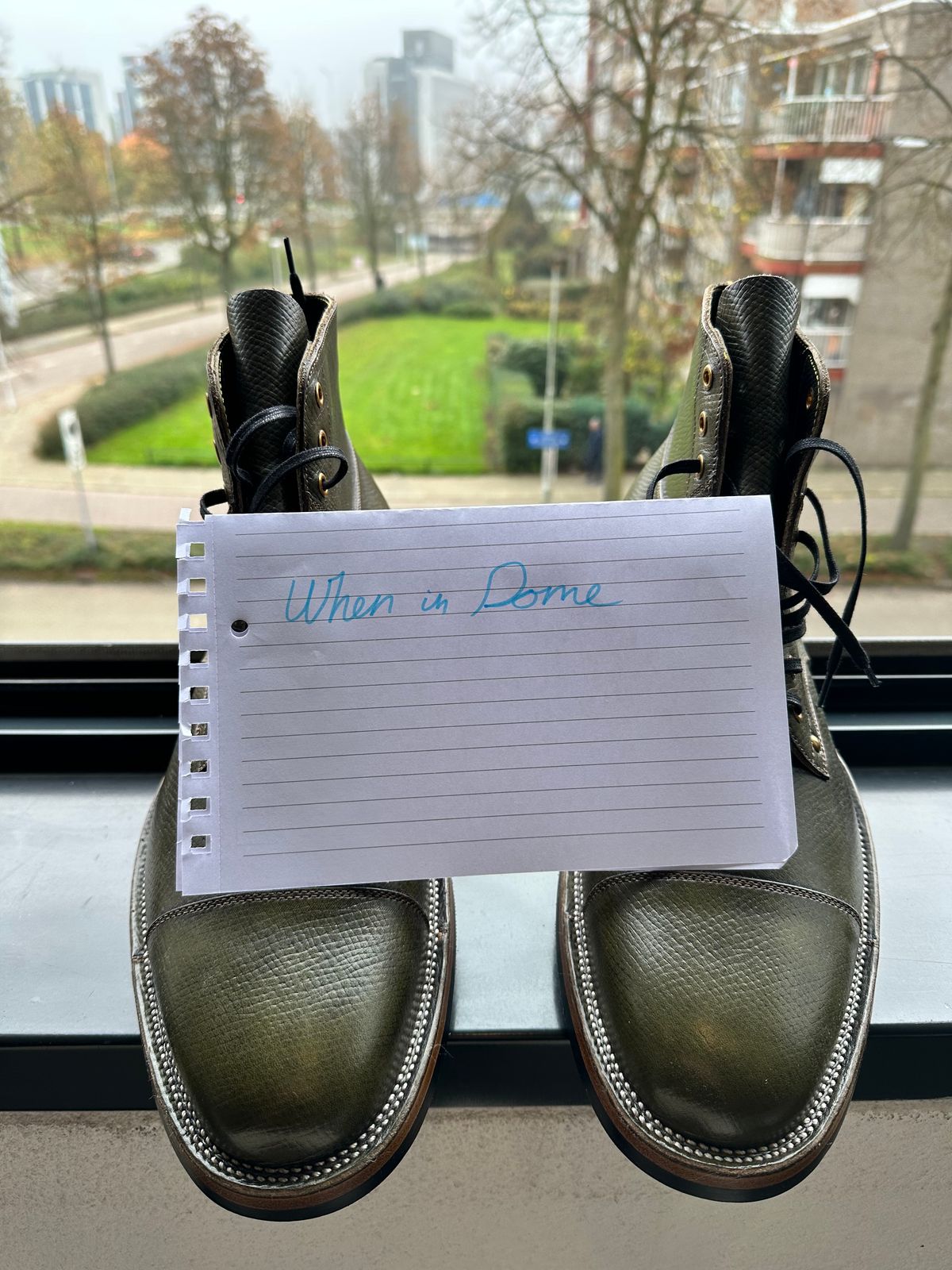 Photo by Darkkp on November 3, 2024 of the Iron Boots x Østmo Type 1 in Horween Green Pioneer Hatchgrain.