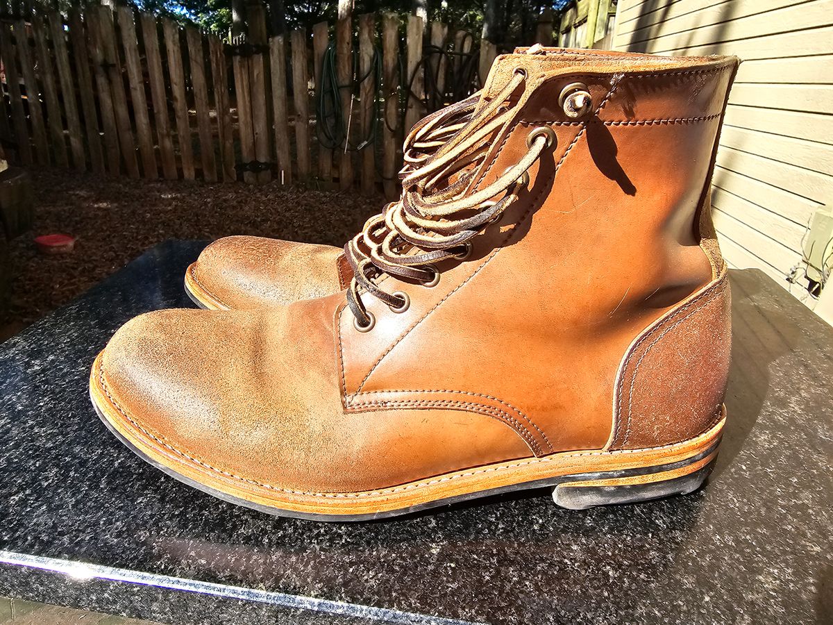 Photo by AlabamaBlacksmith on October 4, 2025 of the Oak Street Bootmakers Field Boot in MARYAM CULLATO CUVALO NATURAL REVERSE HORSE RUMP.
