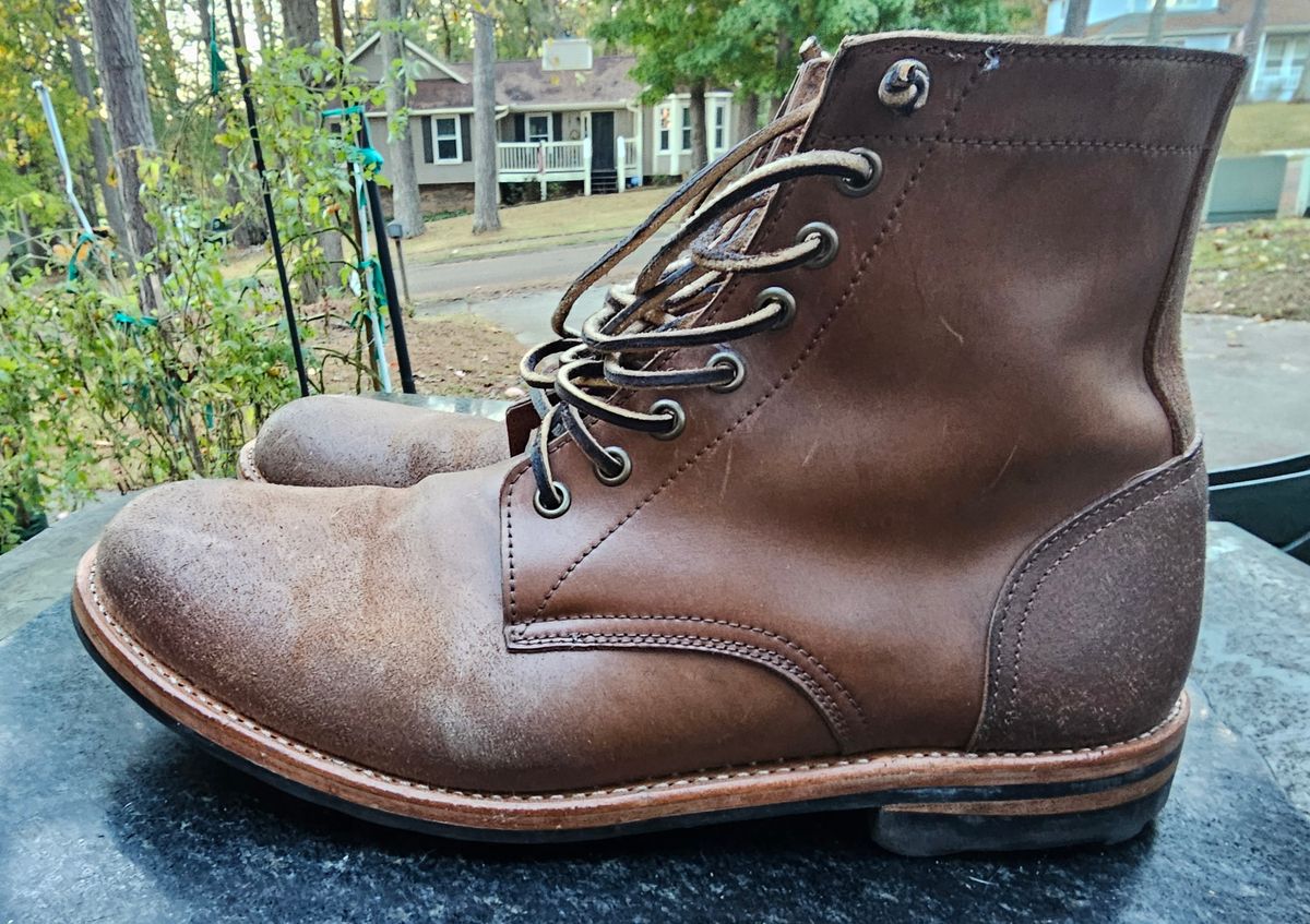 Photo by AlabamaBlacksmith on November 5, 2025 of the Oak Street Bootmakers Field Boot in MARYAM CULLATO CUVALO NATURAL REVERSE HORSE RUMP.