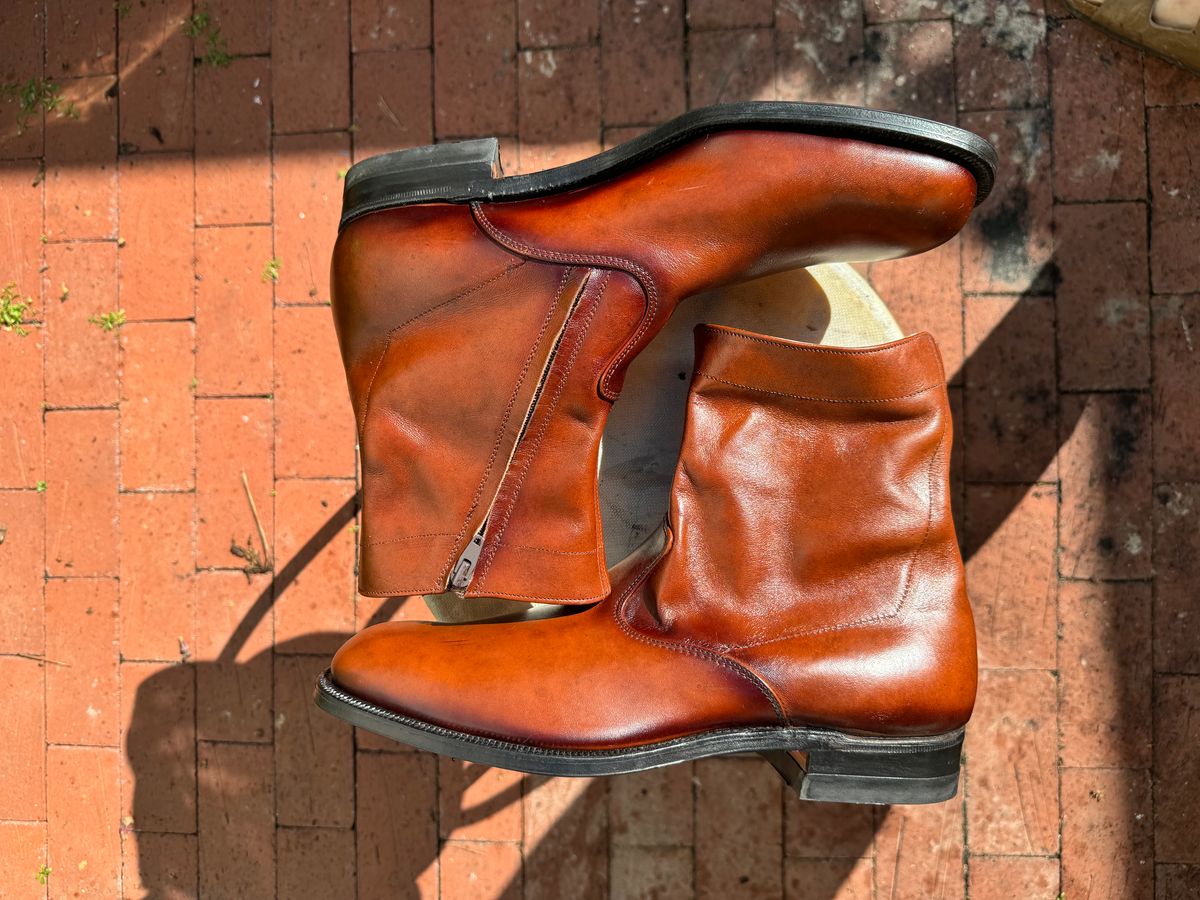 Photo by endlessmike on October 1, 2023 of the Alden 470 Plain Toe Boot in Brown Calfskin.