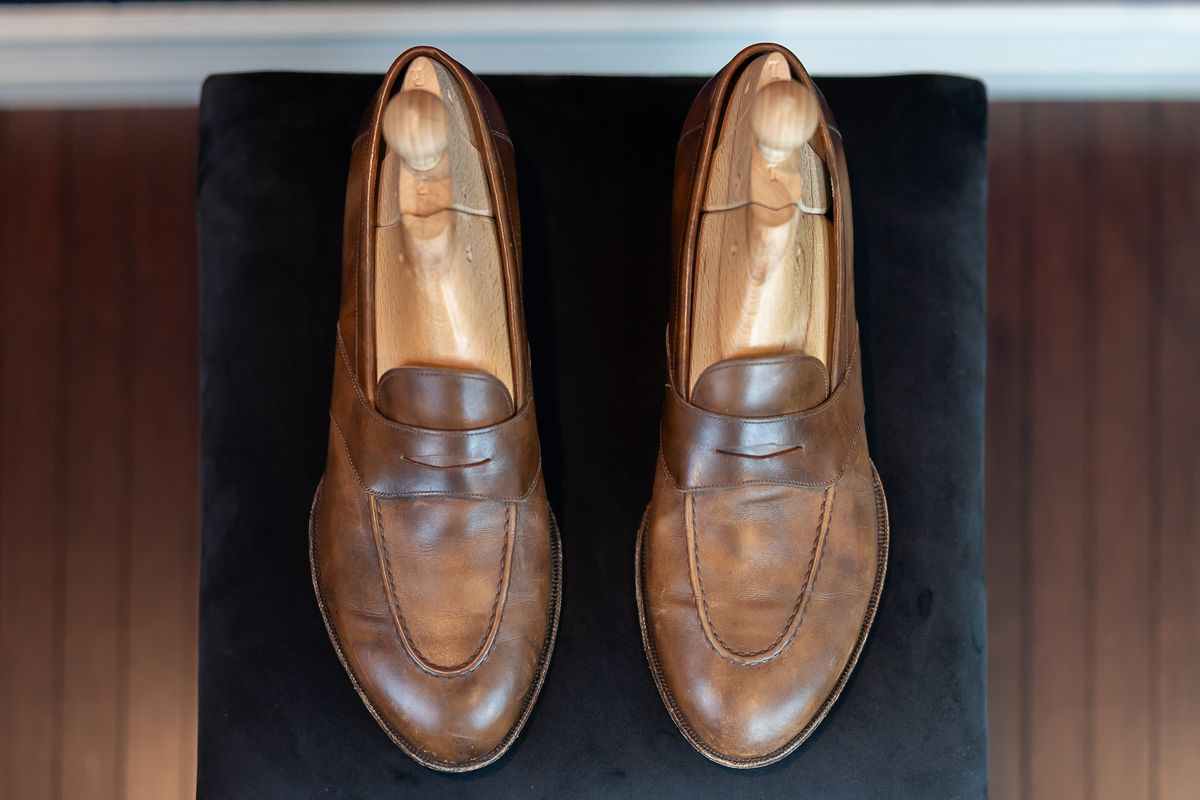 Photo by ImaGoat on January 4, 2026 of the Wayman Bespoke Full Strap Penny Loafer in Gold Brown Museum Calf.
