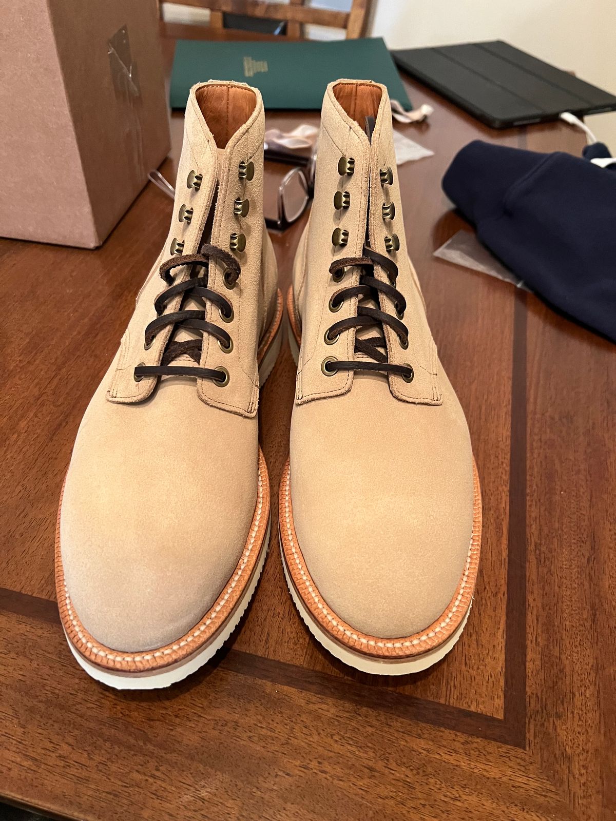 Photo by ridepaso on November 3, 2023 of the Grant Stone Diesel Boot in C.F. Stead Tan Repello Calf Suede.